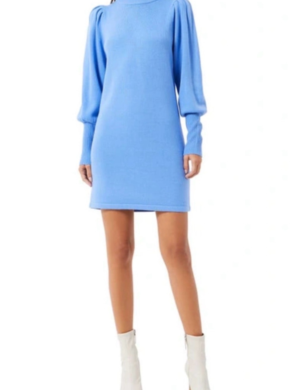 Blue Puff-Sleeve Knit Dress